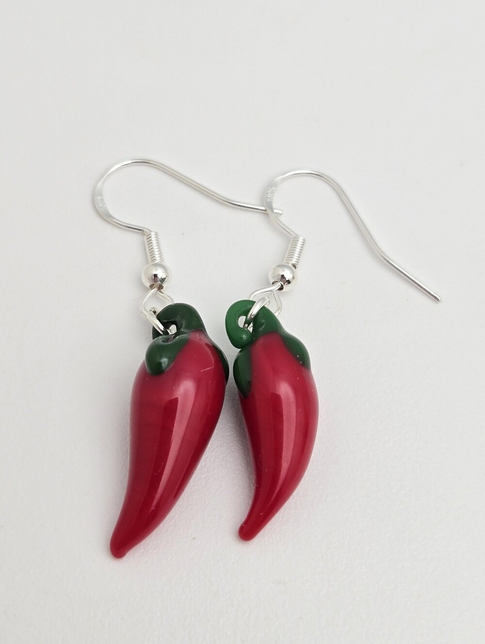 Chili Pepper Earrings Red Green Sterling Silver Dangle 1.75" Handmade Glass
